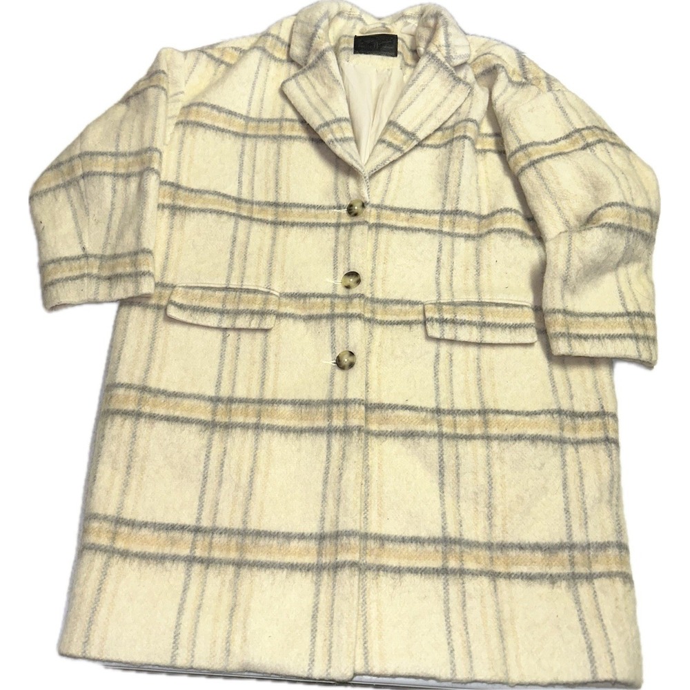 Levi's Cream Plaid Wool Blend Long Coat with Gray Windowpane